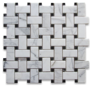 Calacatta Marble HONED Basketweave Mosaics with Black Dots