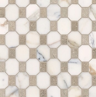 Calacatta Marble HONED Octagon Mosaics with Verde Rustico Rectangles